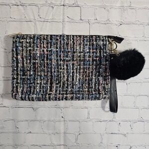 Dream Control Multi-Color Tweed Sequin Wristlet Clutch Pom Pom Black